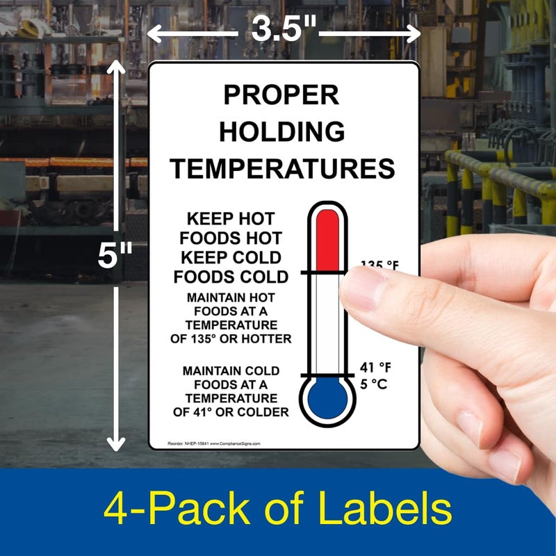 ComplianceSigns.com Vertical Proper Holding Temperatures Label Decal with Symbol, 5x3.5 in. 4-Pack Vinyl for Safe Food Handling, American Made Safety Signs for The Workplace - Image 2